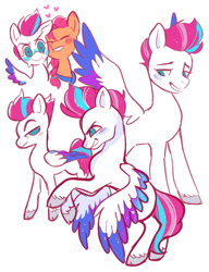 Size: 944x1226 | Tagged: safe, artist:brobobot, character:sunny starscout, character:zipp storm, species:earth pony, species:pegasus, species:pony, ship:zippscout, g5, my little pony: a new generation, blushing, colored eyebrows, colored hooves, colored wings, female, heart, hooves, lesbian, love, multicolored wings, no pupils, profile, shipping, simple background, smiling, spread wings, three quarter view, unshorn fetlocks, white background, wings