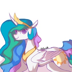 Size: 1280x1280 | Tagged: safe, artist:candy_5756, character:princess celestia, species:alicorn, species:pony, g4, colored pupils, crown, female, jewelry, looking at you, mare, necklace, peytral, regalia, signature, simple background, smiling, solo, three quarter view, white background