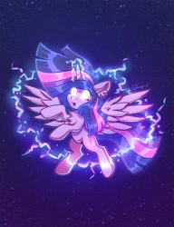 Size: 3151x4096 | Tagged: safe, artist:dandy, character:twilight sparkle, character:twilight sparkle (alicorn), species:alicorn, species:pony, g4, cutie mark, electricity, female, glowing eyes, glowing horn, horn, magic, mare, simple background, solo, spread wings, stars, tail, wings