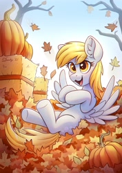 Size: 2480x3508 | Tagged: safe, artist:dandy, character:derpy hooves, species:pegasus, species:pony, g4, autumn, commission, cute, derpabetes, ear fluff, female, food, leaves, mare, open mouth, pumpkin, smiling, solo, spread wings, tree, wings