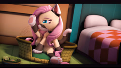 Size: 9600x5400 | Tagged: safe, artist:imafutureguitarhero, character:fluttershy, species:pegasus, species:pony, g4, 3d, arm fluff, bed, behaving like a cat, cat, cat costume, cat ears, cat tail, cheek fluff, clothing, colored eyelashes, costume, cute, explicit source, featureless crotch, female, fluttershy's cottage, gloves, leg fluff, licking, mare, pet bed, revamped ponies, shyabetes, solo, source filmmaker, tail, whiskers