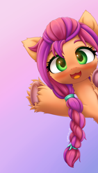 Size: 2700x4800 | Tagged: safe, artist:symbianl, character:sunny starscout, species:earth pony, species:pony, g5, my little pony: a new generation, blushing, braid, cheek fluff, chest fluff, colored hooves, colored pupils, cute, ear fluff, female, fluffy, hooves, looking at you, mare, neck fluff, open mouth, open smile, signature, simple background, smiling, solo, sunnybetes, underhoof, unshorn fetlocks, waving