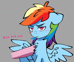 Size: 1626x1350 | Tagged: safe, artist:chub-wub, character:pinkie pie, character:rainbow dash, species:earth pony, species:pegasus, species:pony, ponytober, g4, annoyed, blushing, chest fluff, colored eyebrows, duo, female, floppy ears, gray background, mare, rainbow dash is not amused, simple background, solo focus, spread wings, unamused, wings