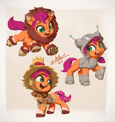 Size: 1025x1080 | Tagged: safe, artist:assasinmonkey, character:sunny starscout, species:earth pony, species:pony, g5, my little pony: a new generation, clothing, coat markings, colored eyebrows, colored hooves, costume, cute, female, filly, filly sunny, freckles, halloween, halloween costume, hnnng, holiday, hooves, open mouth, open smile, signature, simple background, smiling, socks (coat marking), sunnybetes, the wizard of oz, three quarter view, weapons-grade cute, young