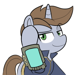 Size: 618x610 | Tagged: safe, artist:icey, oc, oc only, oc:littlepip, species:pony, species:unicorn, fallout equestria, g4, clothing, crossover, fallout, female, looking at you, mare, meme, pipbuck, raised eyebrow, simple background, solo, transparent background, vault suit