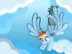 Size: 4000x3000 | Tagged: safe, artist:doodledonut, character:rainbow dash, species:pegasus, species:pony, g4, cloud, cute, dashabetes, female, flying, mare, open mouth, open smile, rainbow, sky, smiling, solo, spread wings, sunlight, wings