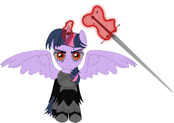 Size: 1578x1109 | Tagged: safe, artist:spellboundcanvas, character:twilight sparkle, character:twilight sparkle (alicorn), species:alicorn, species:pony, g4, bags under eyes, corrupted, crossover, dark magic, evil, female, glowing horn, horn, looking at you, lord of the rings, magic, magic aura, mare, nazgul, simple background, solo, spread wings, sword, telekinesis, transparent background, weapon, wings