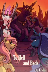Size: 750x1125 | Tagged: safe, artist:overlordneon, character:fluttershy, character:princess luna, species:alicorn, species:pegasus, species:pony, fanfic:to hell and back, g4, baphomet, commission, demon, extra eyes, extra legs, fanfic, fanfic art, fanfic cover, hell, satan, text