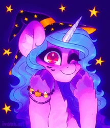 Size: 1032x1200 | Tagged: safe, artist:p0nyplanet, character:izzy moonbow, species:unicorn, g5, bracelet, bust, clothing, gradient hair, hat, jewelry, multicolored hair, solo, unshorn fetlocks, witch hat