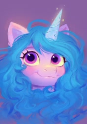 Size: 848x1199 | Tagged: safe, artist:h1kkagep, character:izzy moonbow, species:pony, species:unicorn, g5, blushing, bust, cute, female, izzybetes, mare, owo, simple background, solo, sparkles