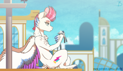 Size: 2000x1160 | Tagged: safe, artist:inuhoshi-to-darkpen, character:zipp storm, species:pegasus, species:pony, g5, my little pony: a new generation, butt fluff, cheek feathers, cheek fluff, chest fluff, colored eyebrows, colored hooves, colored wings, crown, ear fluff, feathered fetlocks, female, fluff, fluffy, frown, hoof fluff, hoof hold, hooves, jewelry, leg fluff, looking at something, mare, multicolored wings, profile, regalia, signature, sitting, solo, tail, tail feathers, unshorn fetlocks, wing fluff, wings