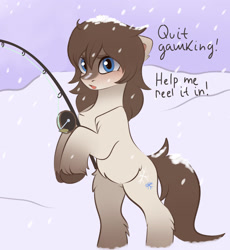 Size: 1800x1957 | Tagged: safe, artist:vetta, derpibooru original, edit, editor:hotkinkajou, oc, oc only, oc:frosty flakes, species:earth pony, species:pony, g4, bipedal, chest fluff, coat markings, colored eyebrows, colored hooves, dialogue, female, fishermare, fishing, fishing rod, fluffy, hoof hold, hooves, leg fluff, looking at you, mare, open mouth, snow, snow mare, solo, unshorn fetlocks, yakutian horse