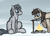 Size: 1482x1075 | Tagged: safe, artist:ahorseofcourse, oc, oc only, oc:frosty flakes, oc:silver sword, species:pony, species:unicorn, g4, campfire, chest fluff, cooking, duo, female, fire, fish, fluffy, food, leg fluff, male, mare, meat, ponies eating meat, raised hoof, roasting, simple background, sitting, snow, snow mare, stallion, yakutian horse