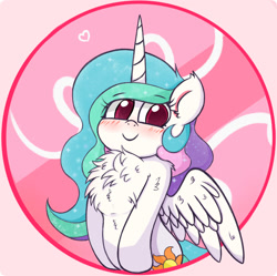 Size: 1380x1372 | Tagged: safe, artist:kqaii, character:princess celestia, species:alicorn, species:pony, g4, abstract background, blushing, chest fluff, colored pupils, cute, cutelestia, doodle, eye, eyebrows, eyebrows visible through hair, female, fluffy, happy, looking at you, mare, sketch, smiling, solo, weapons-grade cute