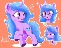 Size: 1200x950 | Tagged: safe, artist:zebra10045, character:izzy moonbow, species:pony, species:unicorn, g5, ball, bust, childproof horn, coffee mug, collage, cute, eye bag, female, glasses, gradient hair, horn, izzy's tennis ball, lidded eyes, mare, missing accessory, mug, multicolored hair, open mouth, simple background, sleepy, solo, sparkles, sparkly eyes, tennis ball, toy, unshorn fetlocks