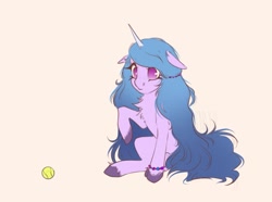 Size: 1200x894 | Tagged: safe, artist:sacrver, character:izzy moonbow, species:unicorn, g5, ball, bracelet, chest fluff, cute, gradient hair, izzy's tennis ball, jewelry, multicolored hair, raised hoof, simple background, sitting, solo, tennis ball, toy, unshorn fetlocks