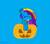 Size: 5428x4739 | Tagged: safe, artist:s-class-destroyer, oc, oc only, oc:elyssiánne, species:bat pony, species:pony, g4, blue background, digital art, female, food, halloween, holiday, knife, looking at you, one eye closed, pumpkin, simple background, solo, solo female, vector, weapon, wink