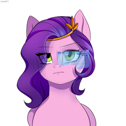 Size: 2200x2200 | Tagged: safe, artist:chickenbrony, character:pipp petals, species:pegasus, species:pony, g5, my little pony: a new generation, bust, eye clipping through hair, eyebrows, eyebrows visible through hair, female, high res, looking at you, mare, pipp wings, purple mane, scouter, signature, simple background, solo, transparent background
