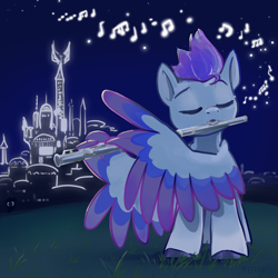 Size: 2048x2048 | Tagged: safe, artist:pfeffaroo, character:zipp storm, species:pegasus, species:pony, g5, my little pony: a new generation, colored hooves, colored wings, eyes closed, female, flute, grass, hooves, mare, music, music notes, musical instrument, night, solo, wing hold, wings, zephyr heights