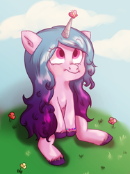 Size: 608x814 | Tagged: safe, artist:sucreebonbonz6, character:izzy moonbow, species:pony, species:unicorn, g5, my little pony: a new generation, bracelet, butterfly, chibi, cute, flower, gradient hair, grass, happy, jewelry, looking up, multicolored hair, sitting, solo