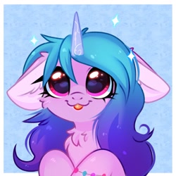 Size: 1024x1024 | Tagged: safe, alternate version, artist:pesty_skillengton, character:izzy moonbow, species:pony, species:unicorn, g5, my little pony: a new generation, :3, blep, bracelet, bust, cheek fluff, chest fluff, cute, ear fluff, female, floppy ears, gradient hair, izzybetes, jewelry, mare, multicolored hair, pesty skillengton is trying to kill us, simple background, smiling, solo, tongue out