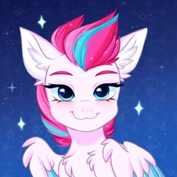 Size: 2048x2048 | Tagged: safe, artist:pesty_skillengton, character:zipp storm, species:pegasus, species:pony, g5, my little pony: a new generation, adorazipp, blushing, chest fluff, colored eyebrows, cute, ear fluff, female, fluffy, gradient background, looking at you, mare, sketch, smiling, solo, wing fluff, wings