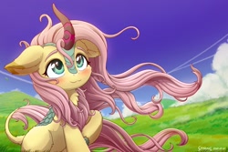 Size: 2400x1600 | Tagged: safe, artist:symbianl, character:fluttershy, species:kirin, g4, :3, blushing, cloud, cloven hooves, colored eartips, cute, female, floppy ears, grass, grass field, hoof fluff, hooves, kirin fluttershy, kirin-ified, leonine tail, neck fluff, outdoors, raised hoof, scenery, shyabetes, sitting, sky, smiling, solo, species swap, stray strand, tail, tail fluff, three quarter view, weapons-grade cute, windswept mane