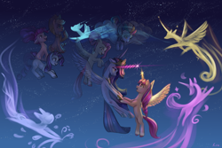 Size: 9000x6000 | Tagged: safe, artist:roadsleadme, character:applejack, character:fluttershy, character:pinkie pie, character:rainbow dash, character:rarity, character:sunny starscout, character:twilight sparkle, character:twilight sparkle (alicorn), species:alicorn, species:earth pony, species:pegasus, species:pony, species:unicorn, episode:the last problem, g4, g5, my little pony: a new generation, my little pony: friendship is magic, absurd file size, absurd resolution, alicornified, artificial wings, augmented, glowing, glowing horn, horn, magic, magic horn, magic wings, mane six, older, older applejack, older fluttershy, older mane six, older pinkie pie, older rainbow dash, older rarity, older twilight, open mouth, race swap, sunny and her heroine, sunnycorn, wings