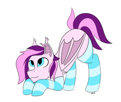 Size: 4494x3769 | Tagged: safe, artist:anglov, oc, oc only, oc:plum taffy, species:bat pony, species:pony, g4, ass up, bat wings, clothing, cute, face down ass up, folded wings, male, simple background, socks, solo, stallion, striped socks, tail, wings