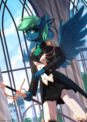 Size: 2000x2825 | Tagged: safe, artist:redchetgreen, oc, oc only, oc:emerald, species:anthro, species:pegasus, g4, aiguillette, anthro oc, blue fur, boots, bow, breasts, building, castle, clothing, cloud, cravat, crepuscular rays, epaulettes, eyebrows, eyebrows visible through hair, fantasy, female, gloves, green eyes, green hair, hair bow, high res, looking at you, mare, military, military uniform, ornament, pants, pegasus oc, shoes, signature, skirt, smiling, smiling at you, solo, spread wings, sword, teeth, uniform, weapon, window, winged anthro, wings
