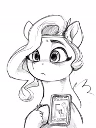Size: 1536x2048 | Tagged: safe, artist:dimfann, character:pipp petals, species:pegasus, species:pony, g5, cellphone, circlet, female, frown, hoof hold, mare, monochrome, phone, pipp is small, pipp wings, simple background, solo, unshorn fetlocks, white background