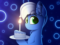 Size: 4000x3000 | Tagged: safe, artist:alexbefest, oc, oc:bluejam, species:earth pony, species:pony, g4, abstract background, birthday, blue, blue background, cake, candle, colored pupils, commission, cute, ear fluff, eyebrows, food, green eyes, happy birthday, looking at you, neon, plate, signature, simple background, smiling, solo, three quarter view, white mane