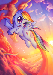 Size: 1024x1448 | Tagged: safe, artist:sprucie, character:rainbow dash, species:pegasus, species:pony, g4, cloud, cute, female, flying, happy, looking at you, mare, open mouth, open smile, rainbow, rainbow trail, sky, smiling, solo, sunset