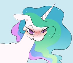 Size: 908x794 | Tagged: safe, artist:woollyart, character:princess celestia, species:alicorn, species:pony, g4, angry, blue background, blushing, bust, female, floppy ears, freckles, gritted teeth, mare, simple background, solo