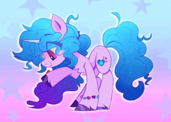 Size: 1500x1067 | Tagged: safe, artist:sugaryyflower, character:izzy moonbow, species:pony, species:unicorn, g5, abstract background, bracelet, chest fluff, clothing, colored hooves, eye clipping through hair, eyebrows, eyebrows visible through hair, female, gradient background, gradient hair, hair beads, happy, hoof shoes, hooves, horn, insect, jewelry, ladybug, mare, multicolored hair, profile, raised hoof, shoes, smiling, solo, standing, unshorn fetlocks