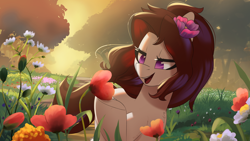 Size: 2666x1500 | Tagged: safe, artist:light262, oc, oc only, oc:violet aria, species:earth pony, species:pony, g4, chest fluff, cute, earth pony oc, female, flower, flower in hair, lidded eyes, mare, no pupils, ocbetes, open mouth, pun, scenery, scenery porn, solo, tree, violet (flower), visual gag