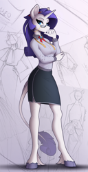 Size: 1220x2390 | Tagged: safe, artist:yakovlev-vad, part of a set, character:rarity, species:anthro, species:unguligrade anthro, species:unicorn, g4, blouse, breasts, clothing, cloven hooves, colored eyebrows, colored hooves, female, glasses, hand, hand on head, hooves, leg fluff, leonine tail, long legs, looking at you, mannequin, mare, measuring tape, pencil, pencil behind ear, shirt, skirt, solo, tail, three quarter view, unshorn fetlocks
