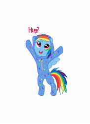 Size: 2550x3507 | Tagged: safe, artist:spellboundcanvas, character:rainbow dash, species:pegasus, species:pony, g4, bipedal, clothing, cute, dashabetes, dialogue, female, filly, filly rainbow dash, footed sleeper, onesie, open mouth, open smile, pajamas, simple background, smiling, solo, spread wings, white background, wings, young, younger
