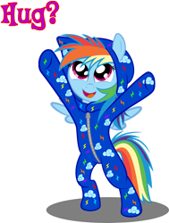 Size: 3000x3974 | Tagged: safe, artist:spellboundcanvas, character:rainbow dash, species:pegasus, species:pony, g4, bipedal, bronybait, clothing, cute, dashabetes, female, filly, filly rainbow dash, footed sleeper, onesie, open mouth, open smile, pajamas, question mark, redraw, remake, simple background, smiling, solo, spread wings, text, transparent background, wings, younger