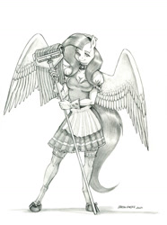 Size: 1000x1343 | Tagged: safe, artist:baron engel, character:fluttershy, species:anthro, species:pegasus, species:unguligrade anthro, g4, apron, choker, clothing, dress, female, fluttermop, gloves, jewelry, looking at you, maid, maid headdress, mare, monochrome, mop, necklace, pencil drawing, signature, simple background, socks, solo, spread wings, stockings, thigh highs, traditional art, white background, wings