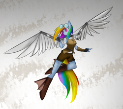 Size: 1280x1129 | Tagged: safe, artist:alidraws, character:rainbow dash, species:anthro, species:pegasus, species:unguligrade anthro, g4, abstract background, artificial wings, augmented, clothing, female, fingerless gloves, gloves, goggles, mare, mechanical wing, no pupils, simple background, solo, spread wings, steampunk, wings