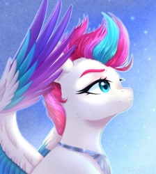 Size: 1800x2010 | Tagged: safe, artist:kawipie, manebooru spotlight, character:zipp storm, species:pegasus, species:pony, g5, my little pony: a new generation, abstract background, colored eyebrows, colored wings, female, jewelry, mare, multicolored wings, profile, smiling, solo, spread wings, wings