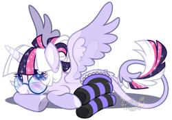 Size: 1024x714 | Tagged: safe, artist:eyesorefortheblind, oc, oc:mystic mysteries, species:alicorn, species:pony, g4, alicorn oc, blushing, clothing, deviantart watermark, glasses, horn, leonine tail, obtrusive watermark, simple background, socks, solo, tail, transparent background, watermark, wings