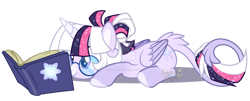 Size: 1024x415 | Tagged: safe, artist:eyesorefortheblind, oc, oc:mystic mysteries, species:alicorn, species:pony, g4, alicorn oc, book, deviantart watermark, glasses, horn, laying on stomach, leonine tail, obtrusive watermark, simple background, solo, tail, transparent background, watermark, wings