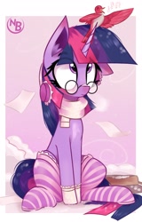 Size: 1941x3032 | Tagged: safe, artist:nevobaster, character:twilight sparkle, character:twilight sparkle (unicorn), species:bird, species:pony, species:unicorn, g4, booties, clothing, ear fluff, explicit source, eye clipping through hair, eyebrows, eyebrows visible through hair, female, glasses, looking up, mare, music notes, scarf, singing, snow, socks, solo, stockings, thigh highs, winter