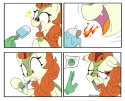 Size: 3527x2849 | Tagged: safe, artist:icey, character:autumn blaze, oc, oc:anon, species:kirin, g4, awwtumn blaze, comic, crying, curly mane, cute, cute little fangs, disembodied hand, drool, eyelashes, fangs, female, fire, fire breath, floppy ears, food, hand, ice cream, kirin problems, melting, oops, open, open mouth, open smile, popsicle, sad, sharp teeth, signature, smiling, sparkles