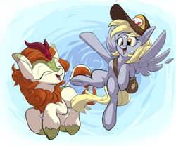 Size: 1200x1000 | Tagged: safe, artist:rocket-lawnchair, character:autumn blaze, character:derpy hooves, species:kirin, species:pegasus, species:pony, g4, abstract background, awwtumn blaze, cap, clothing, colored hooves, cute, derpabetes, eyes closed, feather, female, hat, hooves, mailbag, mare, open mouth, open smile, smiling, spread wings, underhoof, unshorn fetlocks, wings
