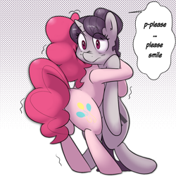 Size: 1000x1000 | Tagged: safe, artist:khorme, character:pinkie pie, character:sugar belle, species:earth pony, species:pony, species:unicorn, episode:the cutie map, g4, my little pony: friendship is magic, cutie mark, dialogue, equal cutie mark, equalized, eye clipping through hair, female, gradient background, halftone, hug, mare, simple background, speech bubble, text