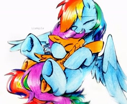Size: 2563x2095 | Tagged: safe, artist:liaaqila, character:rainbow dash, character:scootaloo, species:pegasus, species:pony, g4, cute, cutealoo, dashabetes, dawwww, duo, duo female, eyes closed, female, filly, happy, high res, hug, liaaqila is trying to murder us, mare, scootalove, signature, simple background, smiling, spread wings, traditional art, underhoof, weapons-grade cute, white background, wings, young