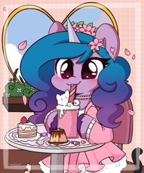 Size: 1702x2048 | Tagged: safe, artist:sakukitty, character:izzy moonbow, species:pony, species:unicorn, g5, my little pony: a new generation, blushing, cake, candy, clothing, colored hooves, cute, dress, female, flan, flower, flower in hair, food, gradient hair, heart eyes, hooves, ice cream, izzybetes, mare, multicolored hair, pudding, signature, sitting, smiling, solo, spork, straw, three quarter view, unshorn fetlocks, wingding eyes